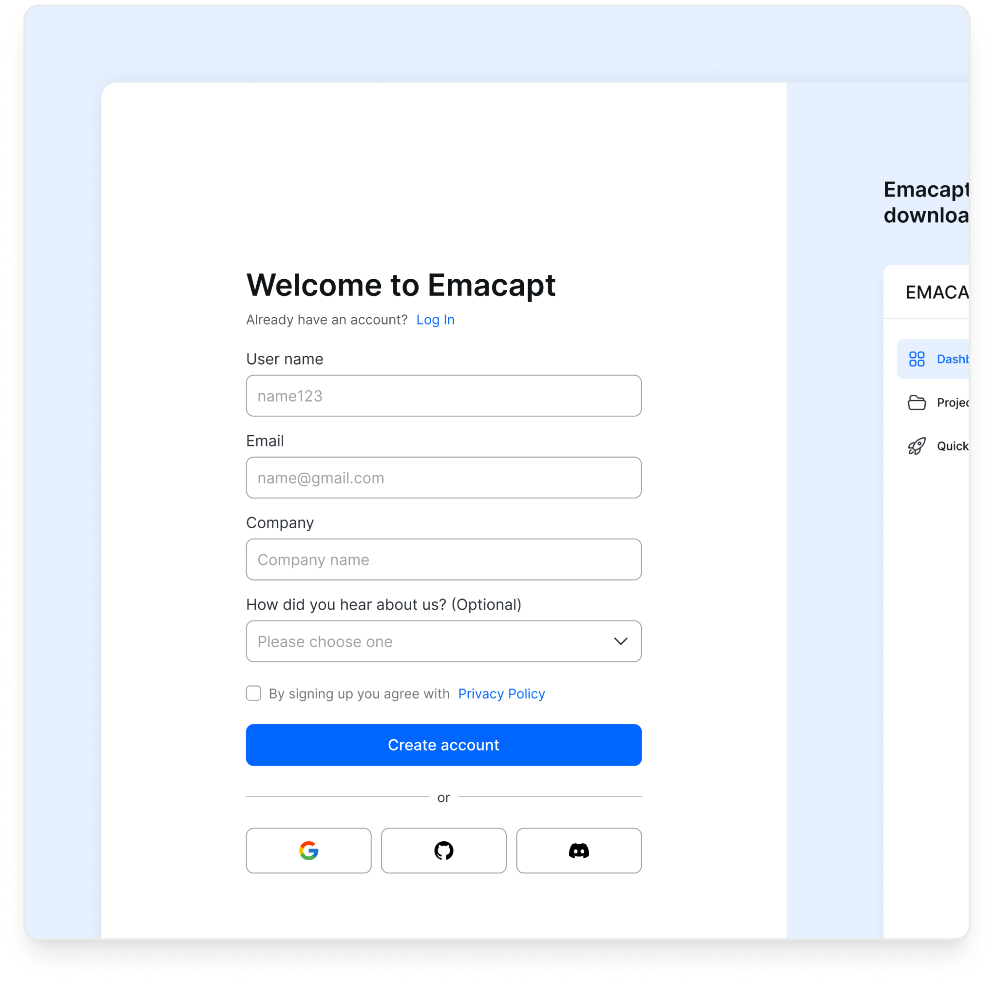 Sign up process screenshot